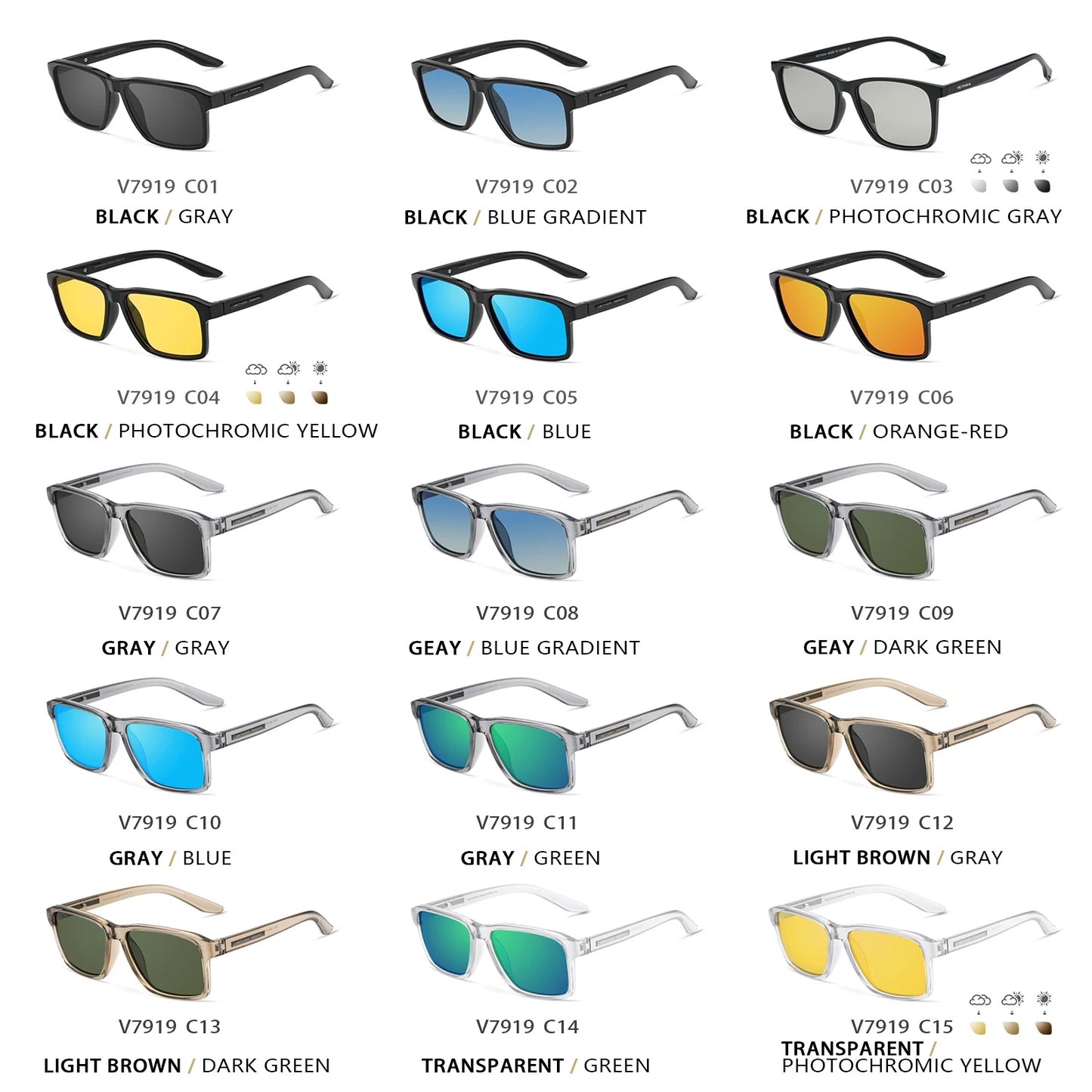 VEITHDIA Polarized UV400 Sunglasses Fashion Photochromic Gradient Mirror Lens Sports Driving Eyeglasses for Men And Women X7919