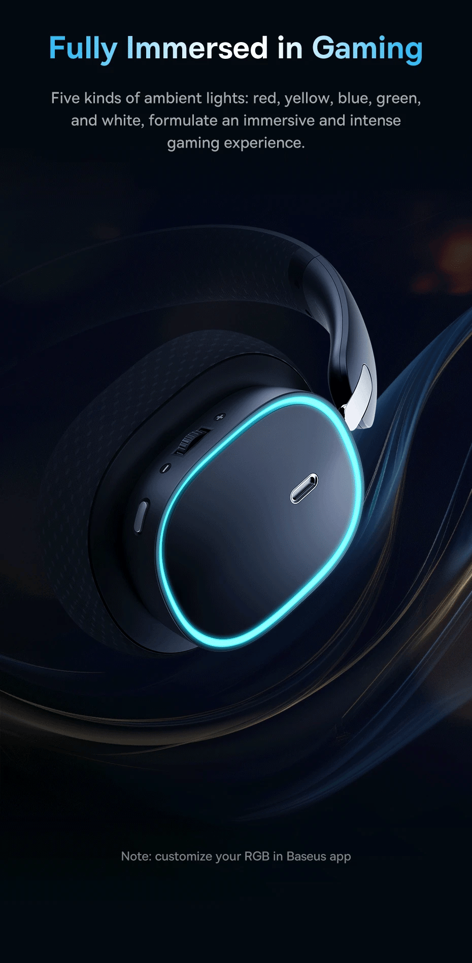 Baseus GH02 Gaming Wireless Headphones Bluetooth 5.3 Over-Ear Headset with Mic, 40mm Driver RGB Gaming Headphones, 2.4G Wireless Low Latency Headset