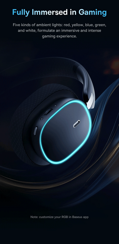 Baseus GH02 Gaming Wireless Headphones Bluetooth 5.3 Over-Ear Headset with Mic, 40mm Driver RGB Gaming Headphones, 2.4G Wireless Low Latency Headset