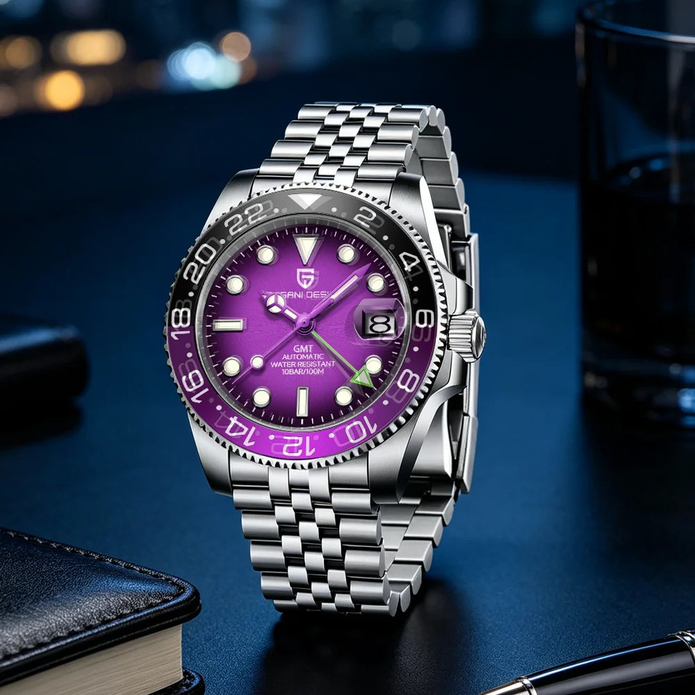Mehanska moška ura Pagani Design GMT – Luksuzni model s safirnim steklom, ohišjem iz nerjavečega jekla in keramičnim okvirjem – Avtomatska moška ura, poslovni stil