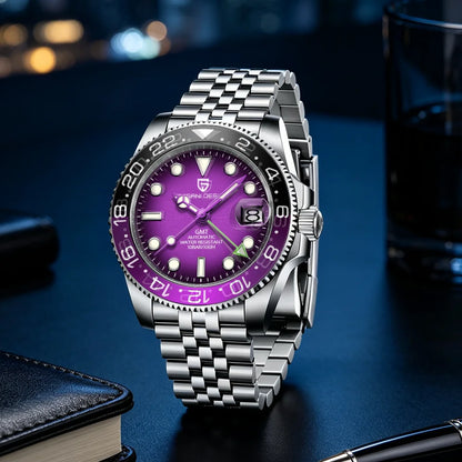 Mehanska moška ura Pagani Design GMT – Luksuzni model s safirnim steklom, ohišjem iz nerjavečega jekla in keramičnim okvirjem – Avtomatska moška ura, poslovni stil