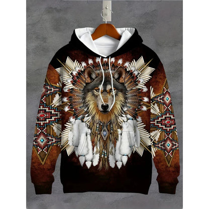 Men'S 3D White Wolf Print Hoodie, Casual Long Sleeve Pullover with Drawstring Pocket, 100% Polyester Slight Stretch Men Clothing