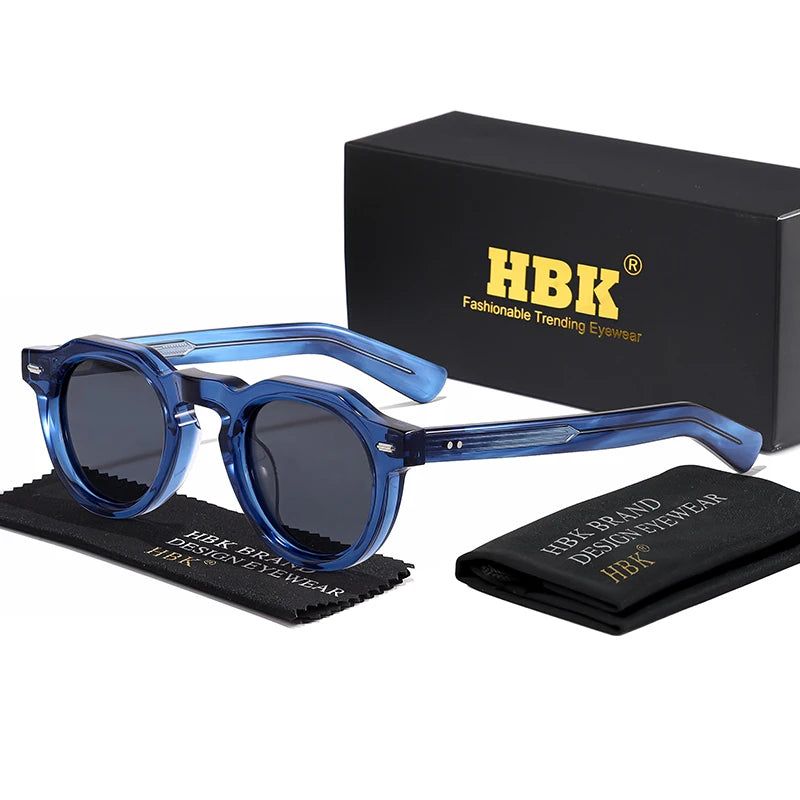 HBK Vintage Simple Round Men Sunglasses Small Frame High-Quality Acetate Frame Sun Glasses Women Party Travel Outdoor Glasses