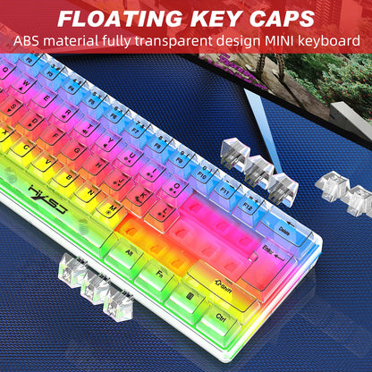 Teclado Gaming Transparente com Fio HXSJ 60%, Retroiluminação RGB, Ultra-Compacto, Impermeável, Teclado Compacto Pequeno de 61 Teclas para PC/Mac