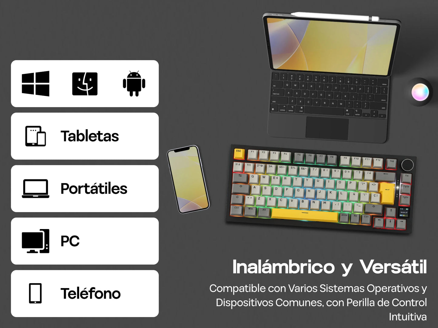 Teclado mecânico ISO-ES EPOMAKER X AJAZZ AK820 PRO 75% com layout espanhol, com fios/2.4GHz/BT, ecrã e botão rotativo para PC/Mac