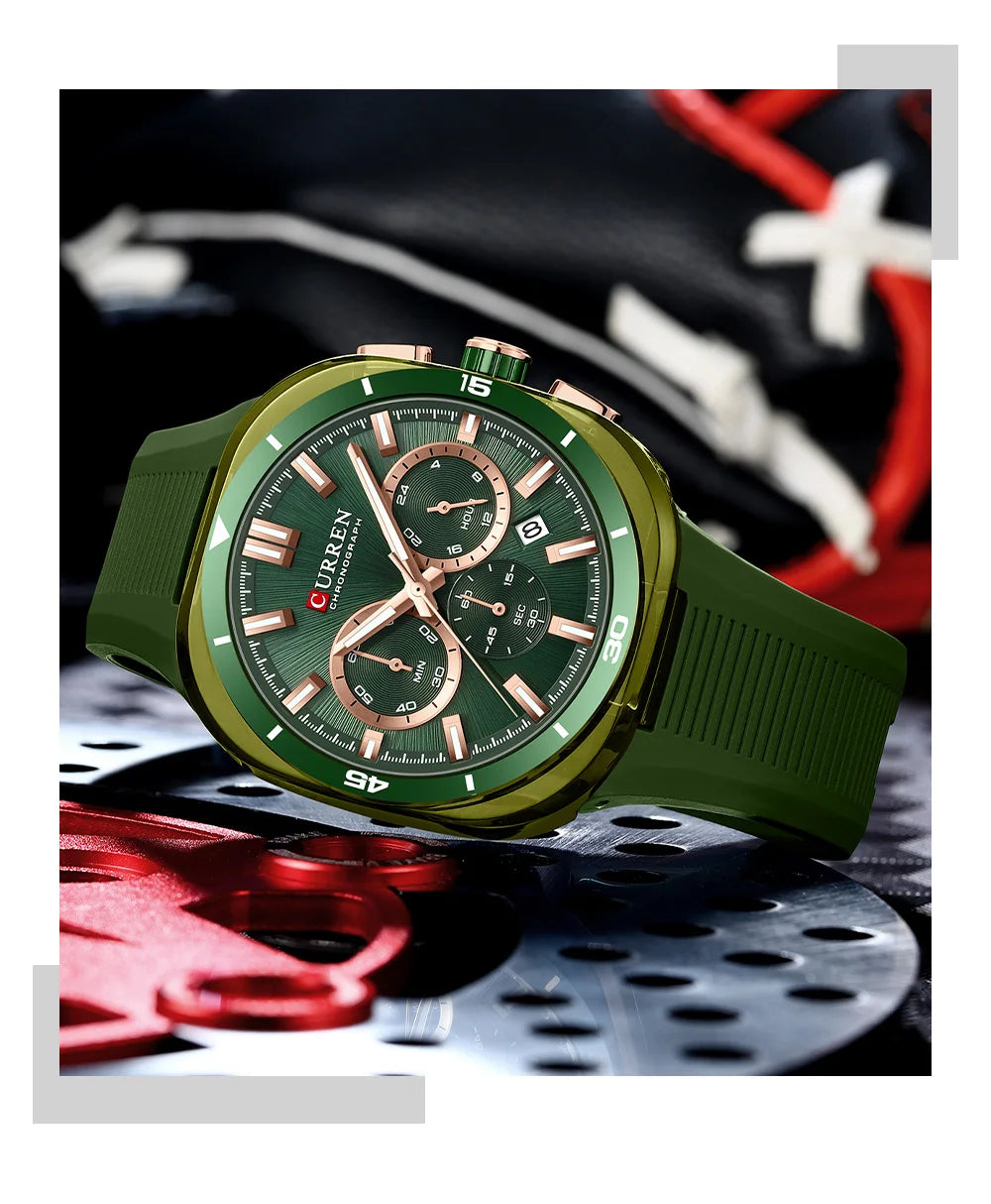 CURREN herenhorloge – Nieuw luxe quartzmodel, siliconen band, sportieve stijl, multifunctioneel, waterdicht, verlicht, met datumweergave en chronograaf.