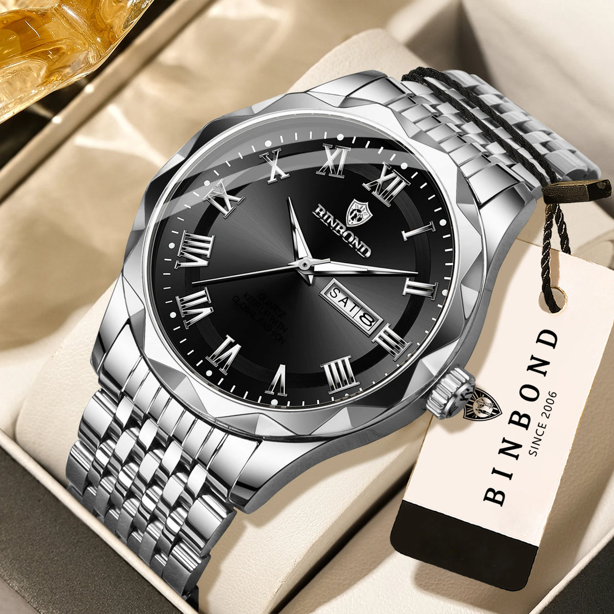 Reloj de pulsera de lujo de cuarzo BINBOND Original Brand para hombre, luminiscente, resistente al agua, con fecha automática, indicación del día de la semana y estilo informal.