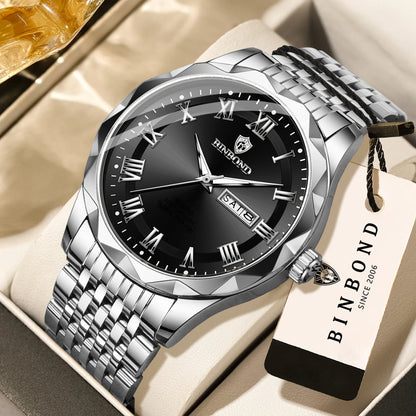 Reloj de pulsera de lujo de cuarzo BINBOND Original Brand para hombre, luminiscente, resistente al agua, con fecha automática, indicación del día de la semana y estilo informal.