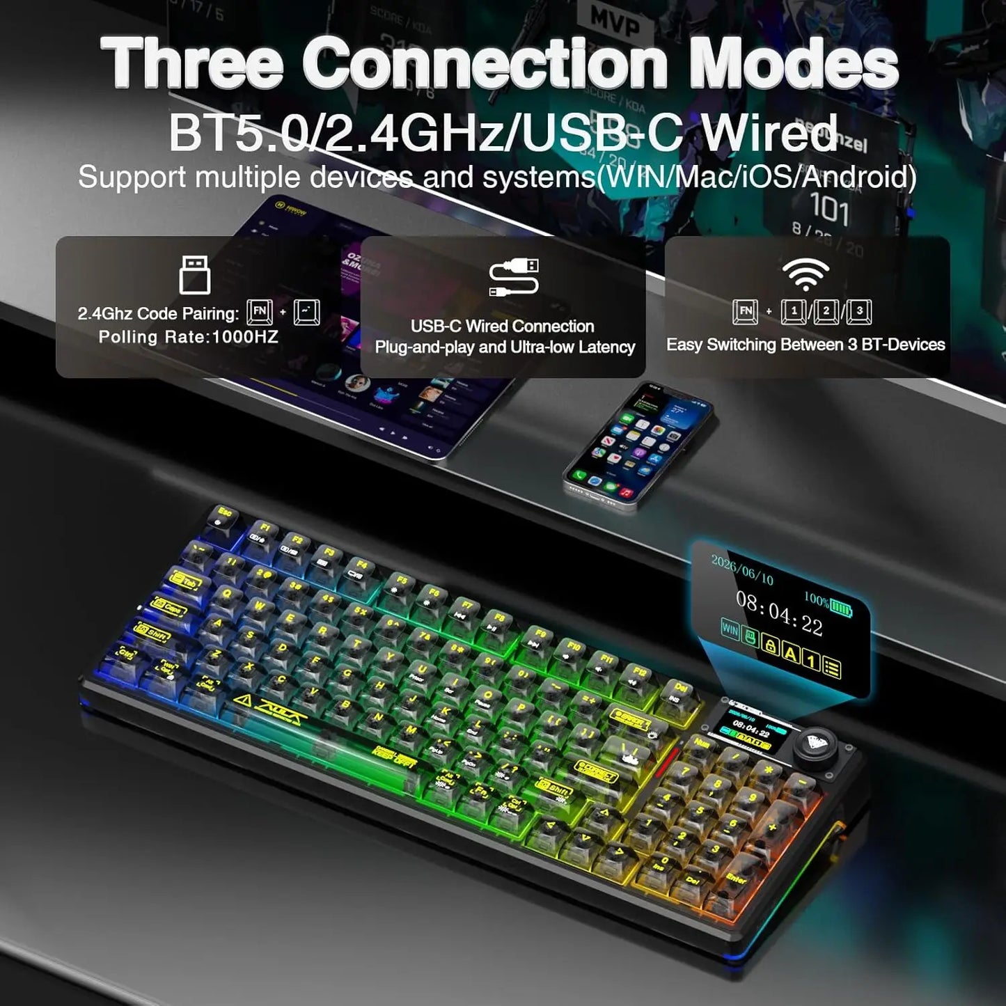 AULA F98Pro V3 Mechanical Keyboard 3-mode Wireless Bluetooth Hot-swap E-sports Customized Transparent Keycaps RGB Game Keyboards