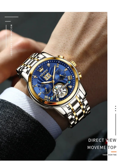 OLEVS 9910 Original Men's Automatic Mechanical Watch Luxury Skeleton Stainless steel Waterproof Luminous Watches