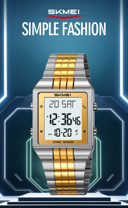 Skmei Luxury Digital Watches for Mens LED Waterproof Date Week Display Chronograph Fashion Dual Time Zones Bracelet Steel Watch