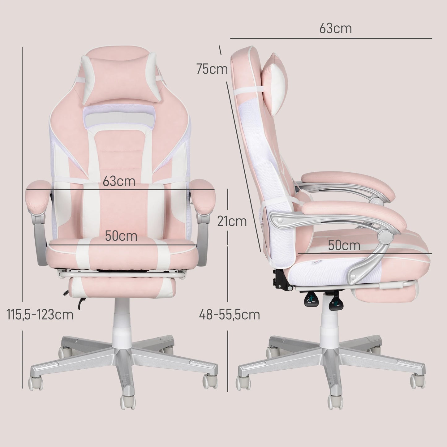 Pink Gaming Chair with Footrest, Adjustable, Headrest & Lumbar Pillow, 360° Swivel, High Back, Faux Leather, Max Load 120kg