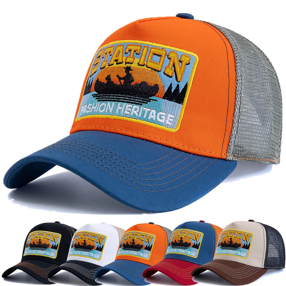 Șapcă de pescuit de vară, din plasă respirabilă, tip „trucker”, pentru bărbați și femei, cu design brodat în stil pescăresc, șapcă „snapback”, pentru pescuit în aer liber