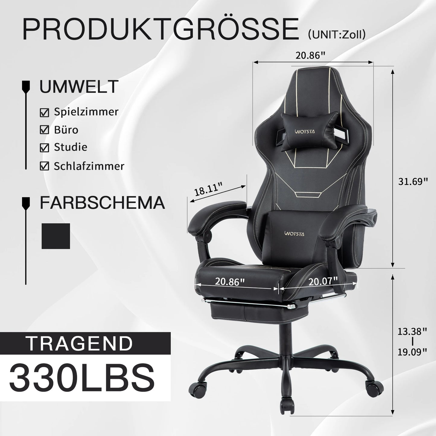 WOTSTA Ergonomic Gaming Chair with Footrest, Racing Computer Chair, Adjustable Height Office Chair with Armrests, Comfortable Leather Gaming Seat