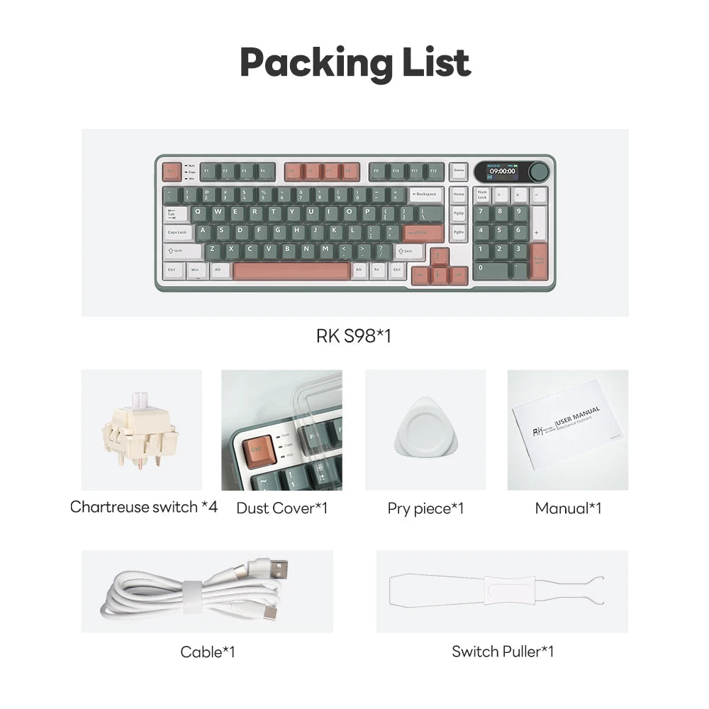 RK S98 ROYAL KLUDGE Top Mount Mechanical Keyboard TFT Screen Knob 96% RGB Backlit Tri-mode Wireless Gaming Keyboard PBT Keycaps