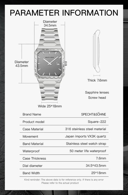 Specht & Söhne New Luxury Square 222 Watch Waterproof Male Clock Luminous Sapphire Stainless Steel Blue Men Watch Reloj Hombre