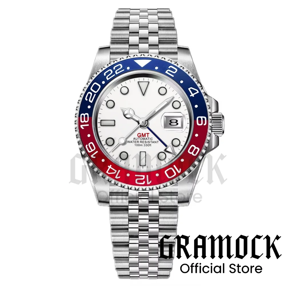 Gramock White Dial Blue GMT 40MM Watch For Men Roating Bezel Sapphire Glass Waterproof Reloj Hombre NH34A Mechanical Wristwatch