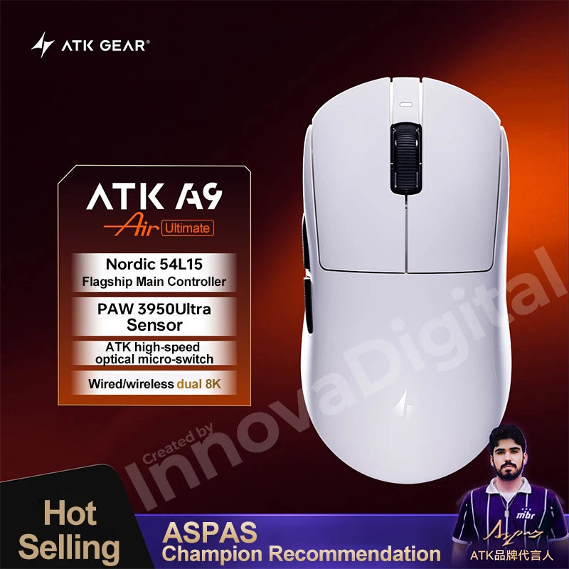 „ATK Dragonfly A9 Ultimate“ belaidė žaidimų pelė, „PAW3950 Ultra 8 kHz“ ergonomiška lengva žaidimų pelė, skirta FPS, e. sportui ir „CSGO“