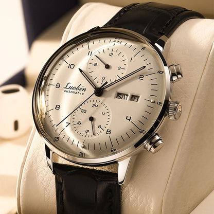 Mens Business Watch Mechanical Movement Multifunction Chronograph Stainless Steel Waterproof Automatic Calendar Sapphire