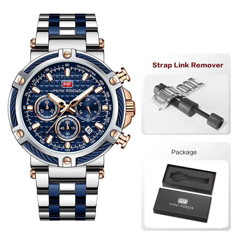 MINI FOCUS Black Stainless Steel Quartz Watch Men Fashion Luminous Dress Wristwatch with Date 24-hour Display Chronograph 0470