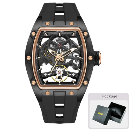 MEGIR Fashion Leisure Alloy Case Men Mechanical Watch Silicone Band Barrel Shaped Dial Luminous Pointer Design Man Wristwatch