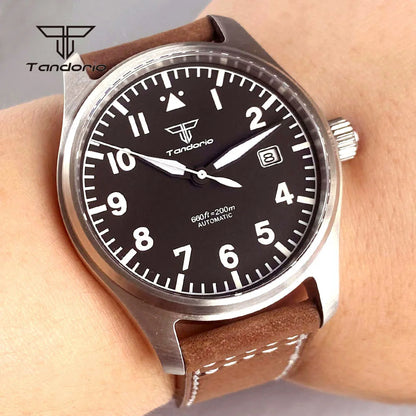 Tandorio 39mm Pilot Men's Diving Automatic Watch AR Sapphire Miyota8215/PT5000 Movt Mechanical Steel Wristwatch 20BAR Green Lume