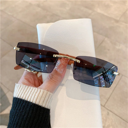 Rectangle Fashion Rimless Sunglasses for Women Men Gangster 90s Frameless Shades Retro Vintage Trendy Wooden Frame Eyewear