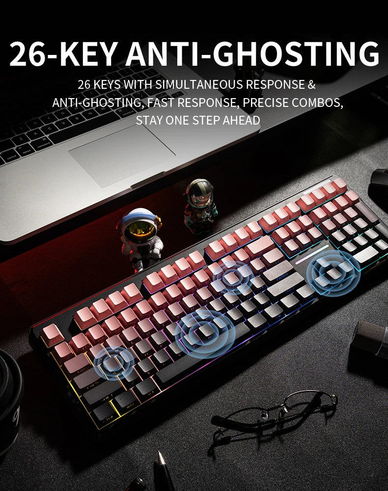 Teclado Bluetooth V108 Pro para escritório, baixo ruído, 2.4G, com e sem fios, layout completo, membrana com retroiluminação RGB