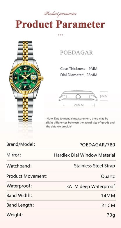 POEDAGAR Top Luxury Ladies Wristwatch Waterproof Luminous Date Casual Women Watch Stainless Steel Quartz Fashion Women's Watches