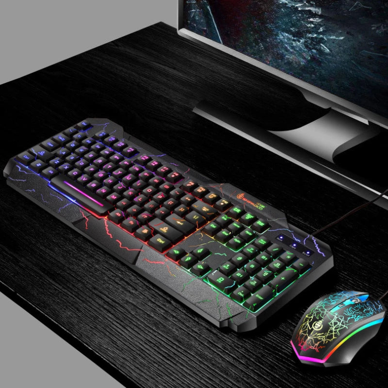 Conjunto de Teclado e Rato Gaming com Fios para Computador de Secretária, Sensação Mecânica e Retroiluminação LED