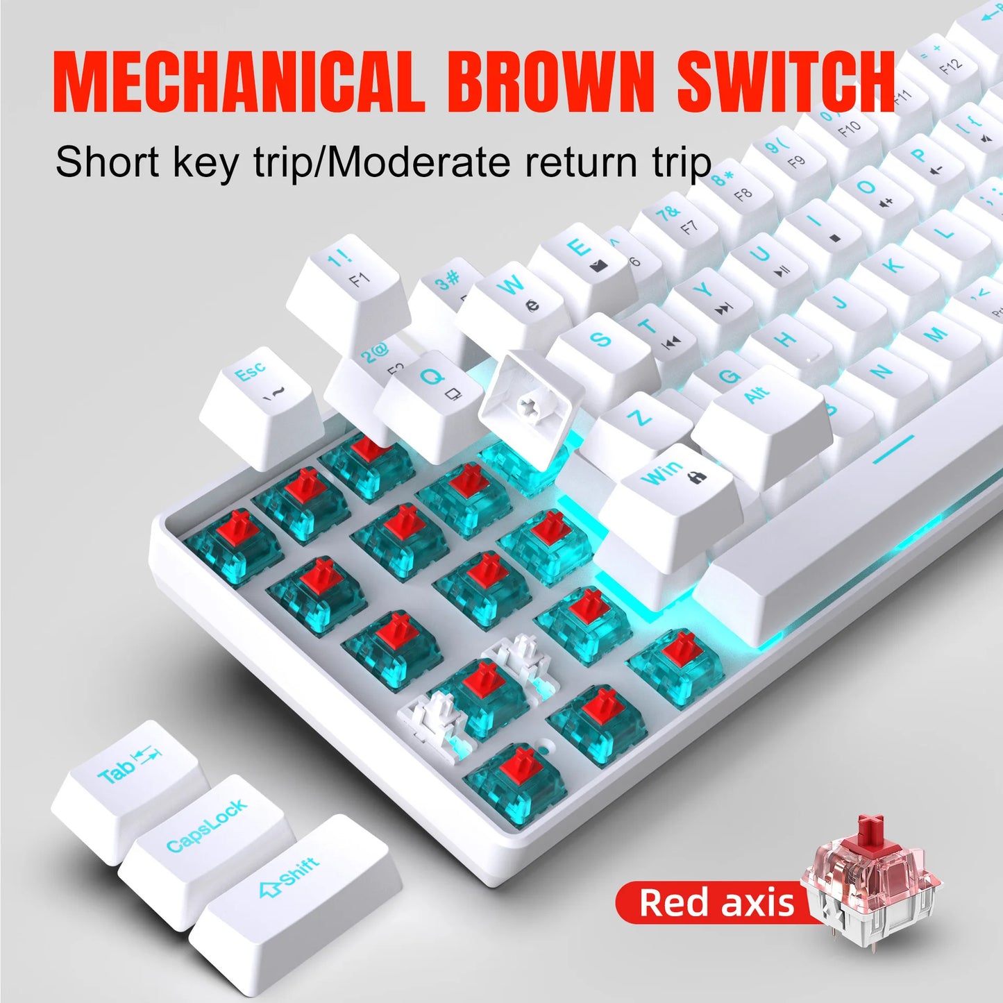 Teclado mecânico gaming 60% USB com teclas brancas, mini teclado gamer ergonómico para computador, retroiluminado, música, teclado para PC
