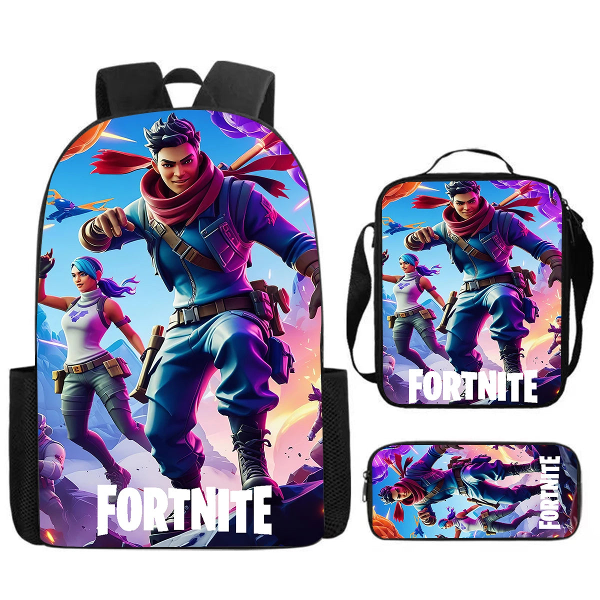 Fortnite Cartoon 3pcs Set, Large Capacity Suitable for Boys and Girls Aged 5-8, Includes Backpack, Dinner Bag, and  Pencil Case