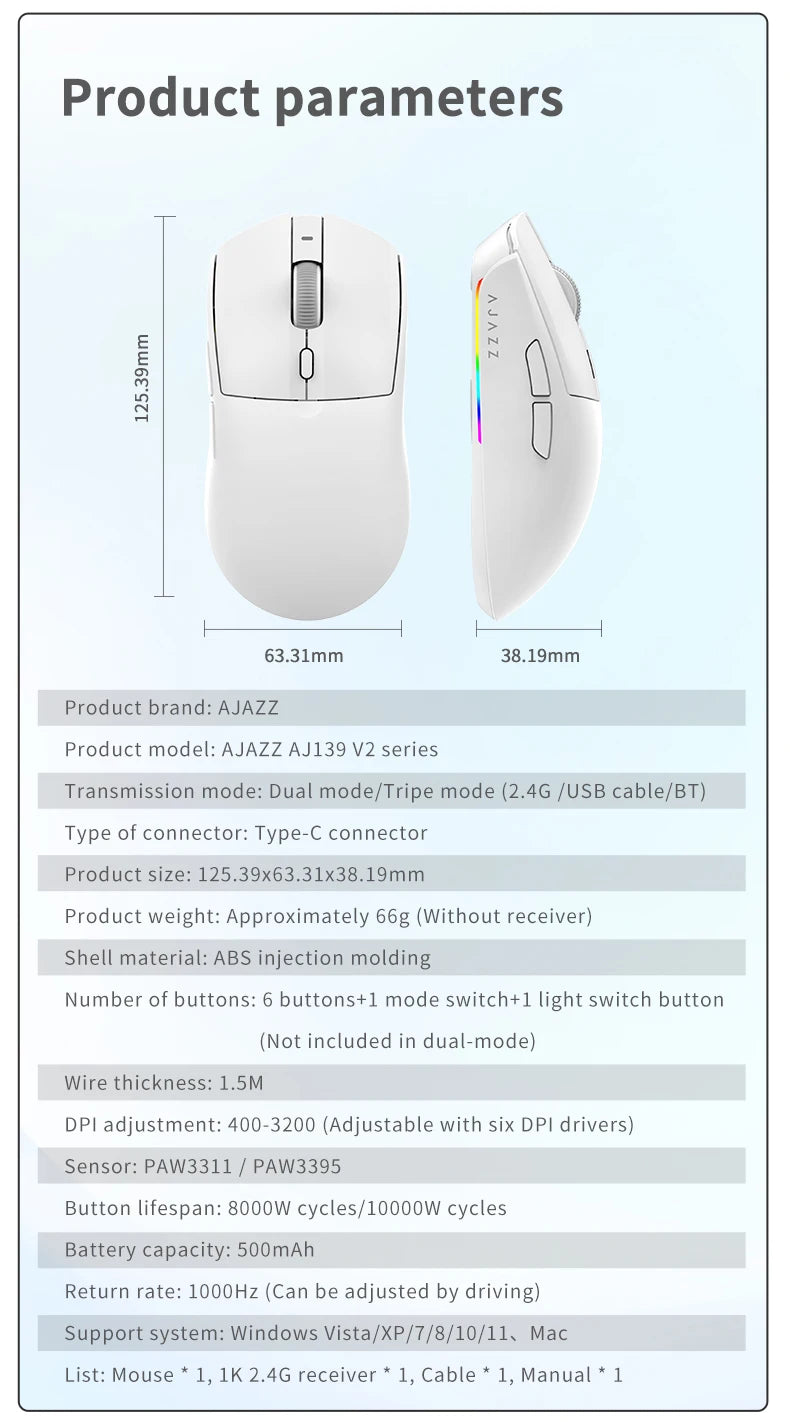 AJAZZ AJ139 Pro belaidė žaidimų pelė PMW3395/PAW3311, 26000 DPI ultralengva įkraunama belaidė žaidimų pelė, skirta kompiuteriui, nešiojamajam kompiuteriui ir e. sportui