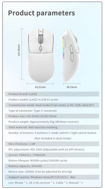 AJAZZ AJ139 Pro belaidė žaidimų pelė PMW3395/PAW3311, 26000 DPI ultralengva įkraunama belaidė žaidimų pelė, skirta kompiuteriui, nešiojamajam kompiuteriui ir e. sportui