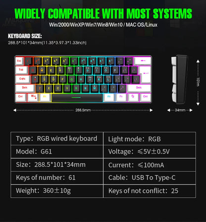 Teclado mecânico com fios de 61 teclas, branco, com switch preto e azul, à prova de água, iluminação RGB, kit para gaming e escritório, PUBG, retroiluminado