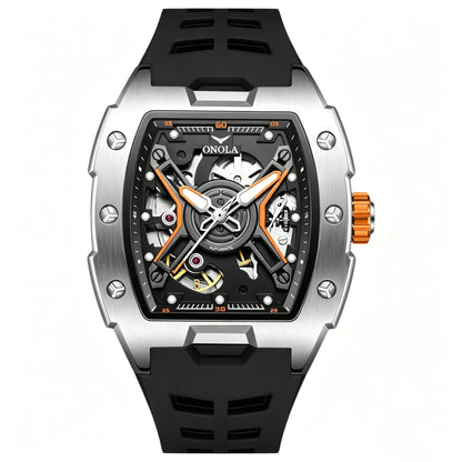 ONOLA Men's Rose Gold Automatic Mechanical Watch Silicone Strap Waterproof Luminous Hollow Dial Watch