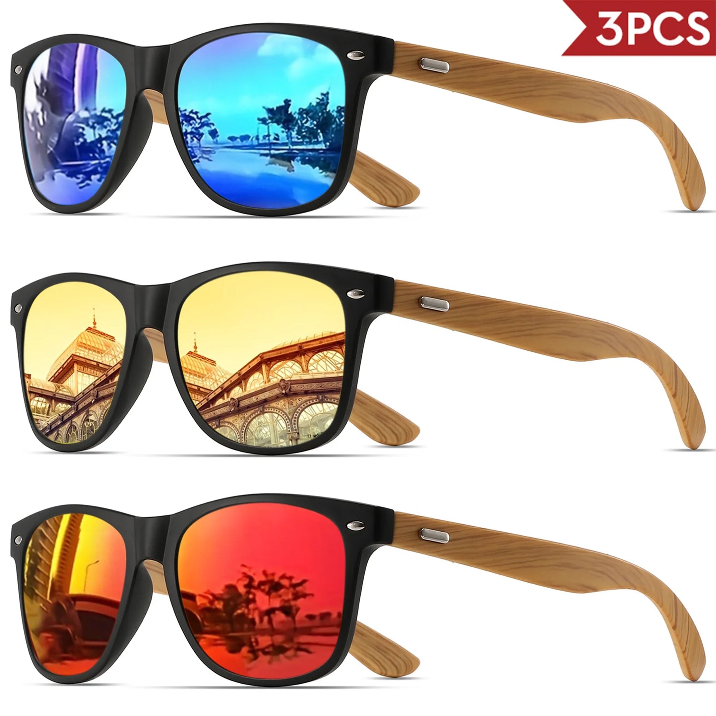 3PCS Bamboo Texture Square Sunglasses UV400, Fashion Unisex Classic - Lightweight for Casual Wear & Holidays