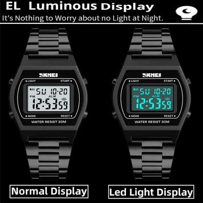 Skmei Unisex Digital Sport's Watches Stainless Steel Strap Led Waterproof 12/24 Hour Format Electronic Alarm Clock