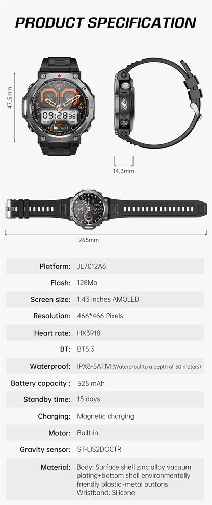 New T-Rex 3 Military Outdoor Sports Smart Watch Men GPS Motion Track 5 ATM Waterproof Heart Rate HD Bluetooth Call Smart Watch