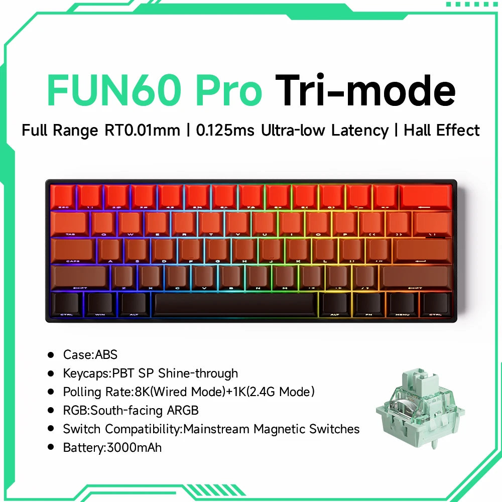 MONSGEEK FUN60 PRO&MAX HE Teclado mecânico 60% sem fios para gaming com switches magnéticos, Rapid Trigger 8K, ARGB e personalização