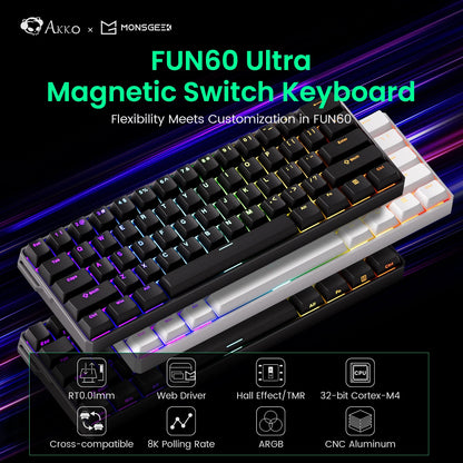 Teclado Gaming Mecânico Akko MonsGeek FUN60 Ultra com Interruptores Magnéticos, 60%, Rapid Trigger, 8K HE/TMR, Teclado Gamer Personalizado em Alumínio