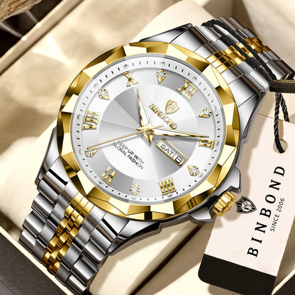 Montre à quartz pour homme BINBOND – Montre-bracelet de luxe, lumineuse et étanche, avec affichage du jour de la semaine et date automatique.