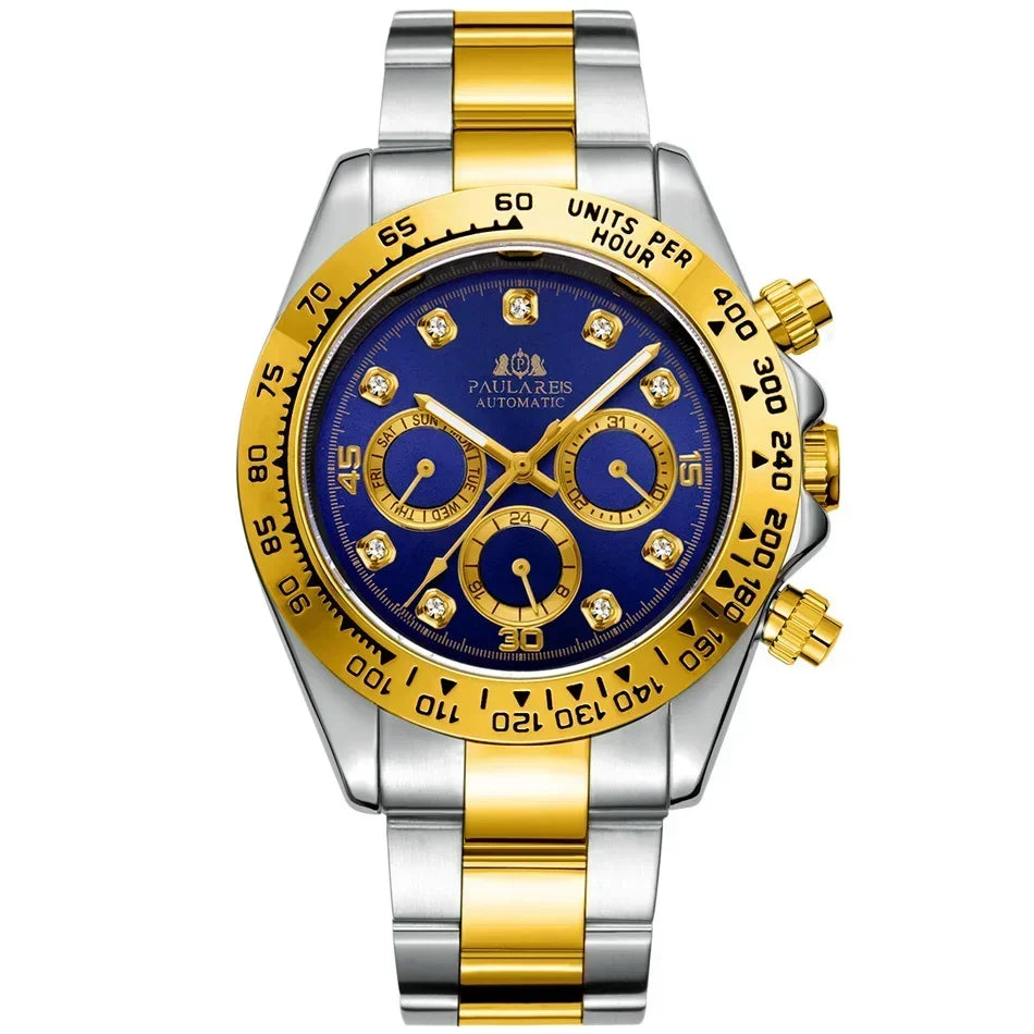 Automatic Mens Watch Mechanical Self Wind Movement Gold Black Stainless Steel Diamonds Stone Sports Luxury Fashion Watches