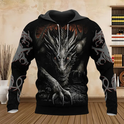 Sudadera con capucha unisex de manga larga para primavera y otoño, con estampado 3D de dragón estilo tatuaje, estilo streetwear casual para hombre