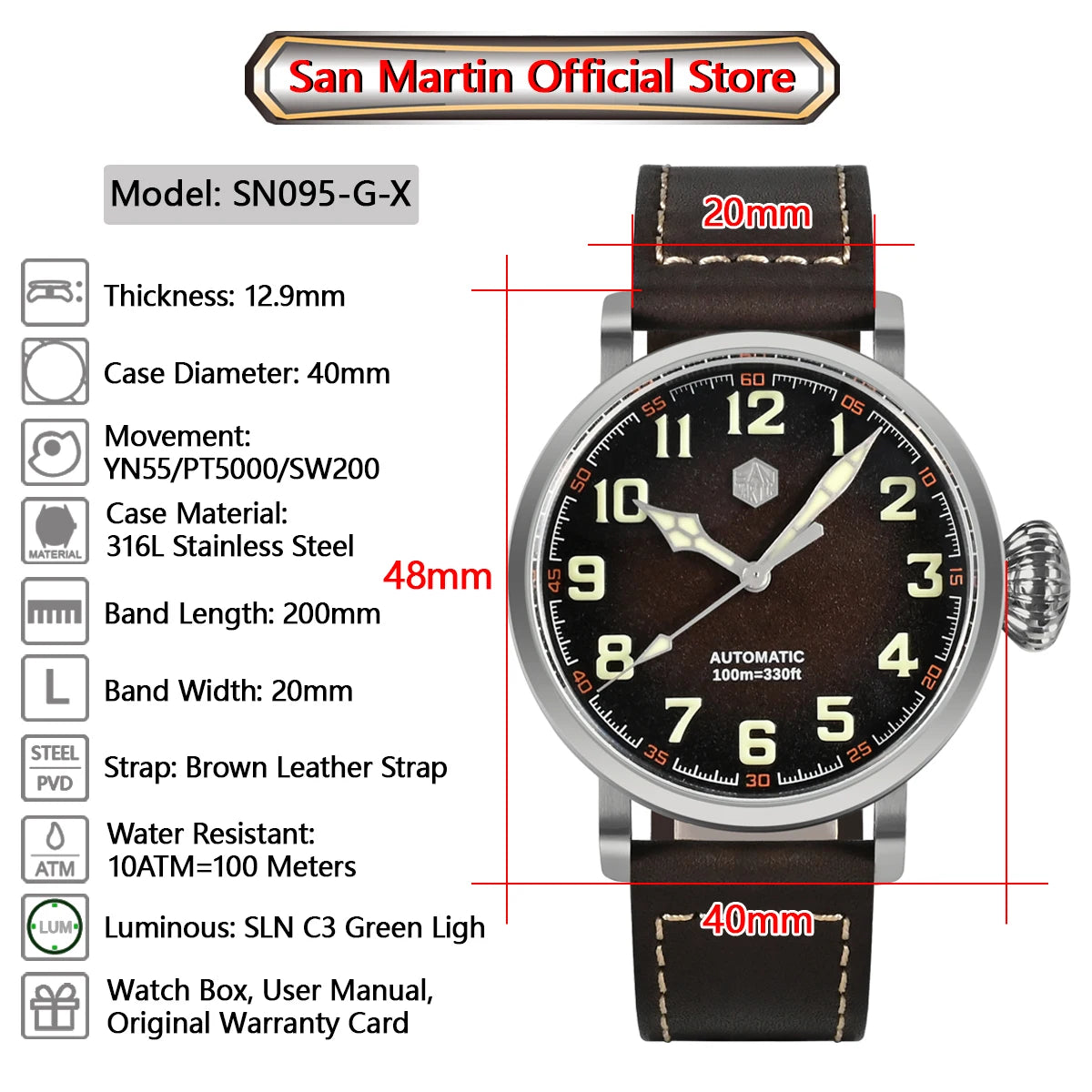 San Martin Fashion Men's Watch 40mm Pilot Automatic Mechanical YN55 PT5000 SW200 Stainless Steel Luminous Waterproof 100m