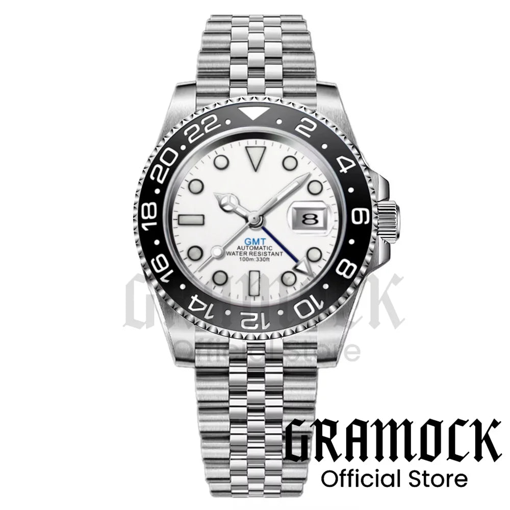 Gramock White Dial Blue GMT 40MM Watch For Men Roating Bezel Sapphire Glass Waterproof Reloj Hombre NH34A Mechanical Wristwatch