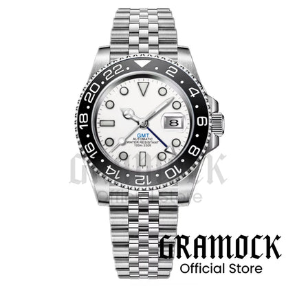 Gramock White Dial Blue GMT 40MM Watch For Men Roating Bezel Sapphire Glass Waterproof Reloj Hombre NH34A Mechanical Wristwatch