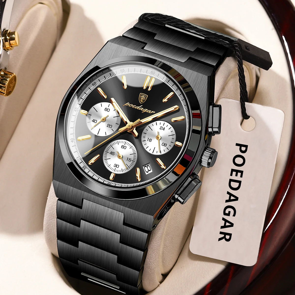 Montre pour homme POEDAGAR – Chronographe de luxe en acier inoxydable, avec date, étanche et luminescente – Montre-bracelet sportive à quartz