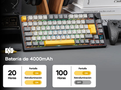 Teclado mecânico ISO-ES EPOMAKER X AJAZZ AK820 PRO 75% com layout espanhol, com fios/2.4GHz/BT, ecrã e botão rotativo para PC/Mac