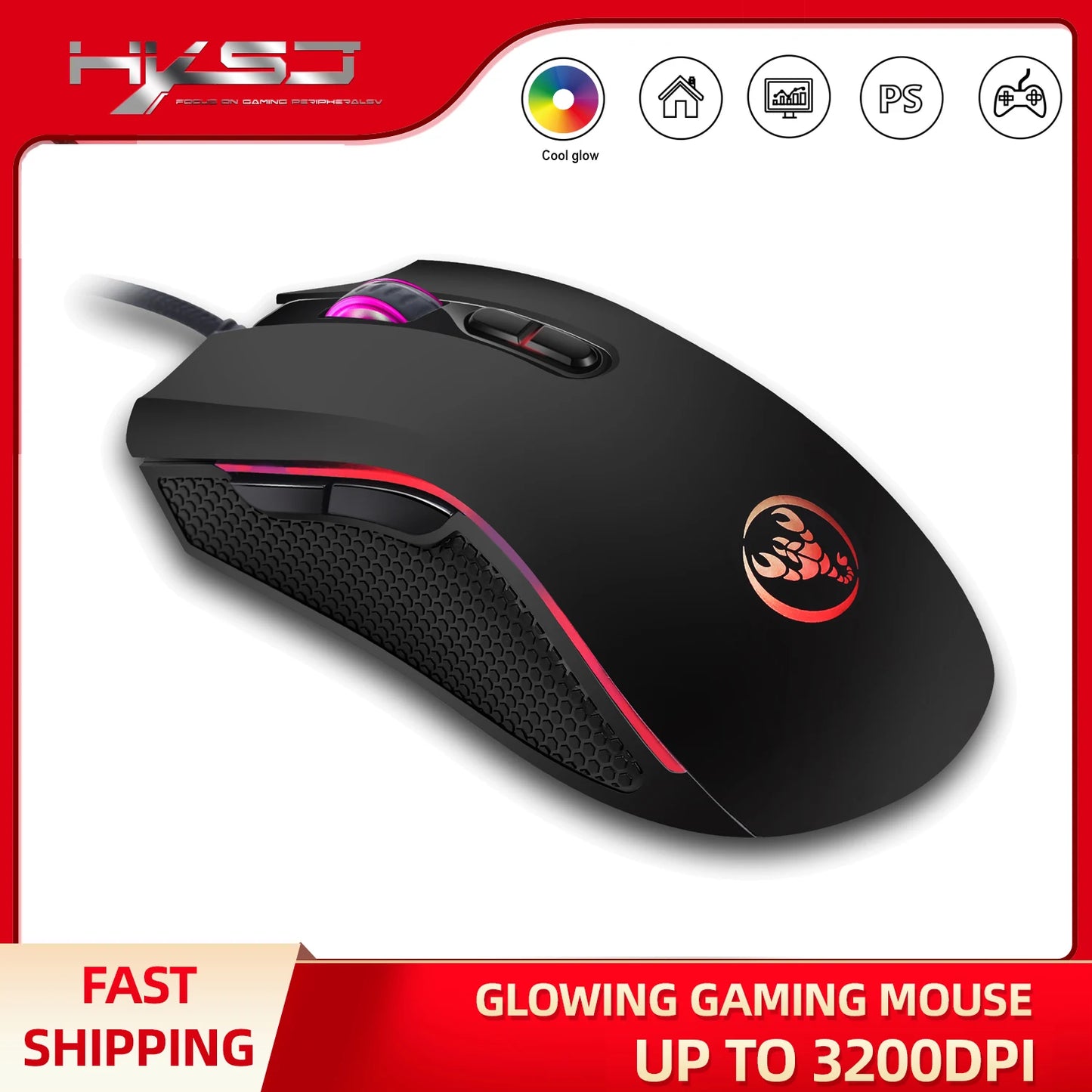 HXSJ A869 Wired Gaming Mouse RGB Optical Ergonomic Gaming Mouse with 3200 DPI, 7 Programmable Buttons, USB Gaming Mouse for PC & Laptop